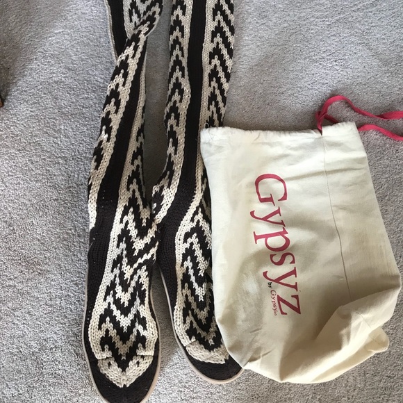 NEW GYPSY OVER THE KNEE KNIT BOOTS BROWN ZIGZAG - Picture 1 of 6